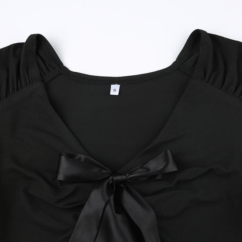 Elevated Fall Chic: Black V-Neck Long Sleeve Top with Satin Ruffle Detail
