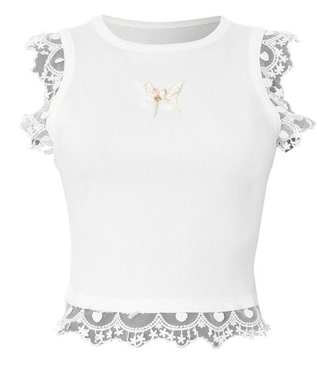 Coquette Butterfly Lace Ribbed Top - Sweet Fall Fashion Essential