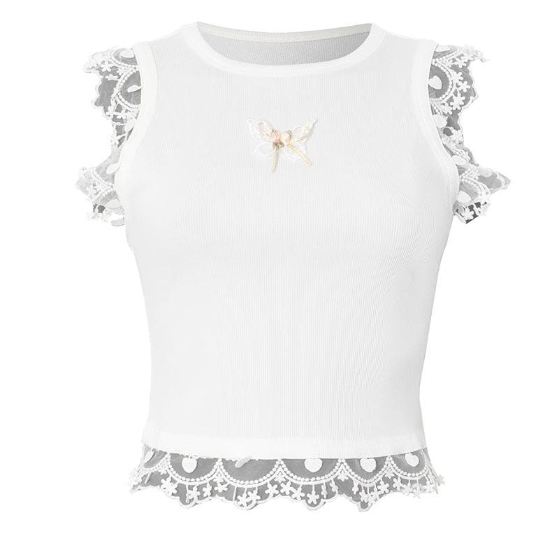 Coquette Butterfly Lace Ribbed Top - Sweet Fall Fashion Essential