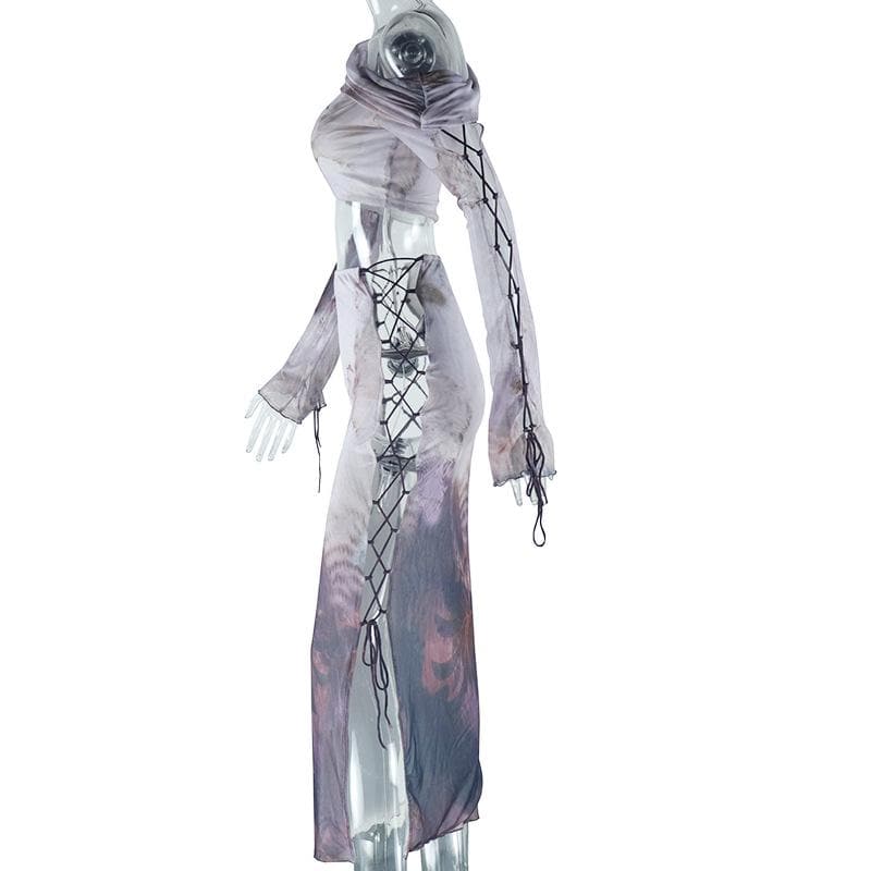 Ethereal Cloud Print Mesh Two-Piece Skirt Set - One-Shoulder Crop Top & Ruched Midi for Fall Nights