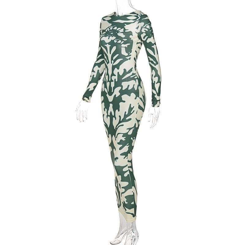 Statement Abstract Print Maxi Dress - Backless Long Sleeve Bodycon for Fall/Holiday