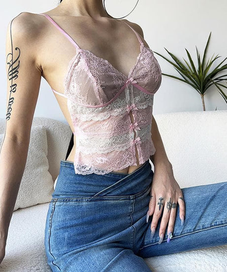Coquette Chic: Pink Lace Bow Cut-Out Cami Top – Your Autumn Evening & Halloween Party Essential