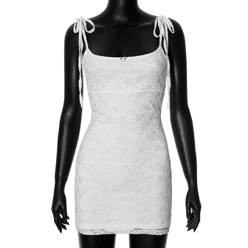 Flirty & Chic: White Lace Tie-Strap Mini Dress - Your Perfect Pick for Fall Parties & Getaways