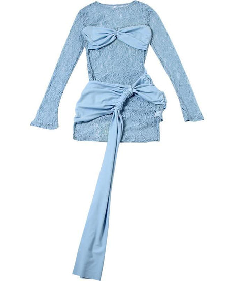 Alluring Lace & Ruched Mini Dress with Statement Tie - Fall & Holiday Party Perfect