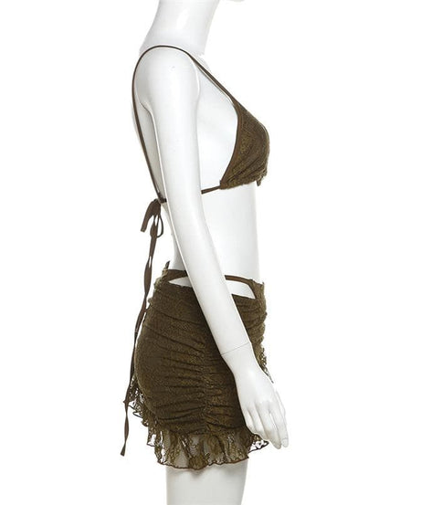 Sultry Chocolate Lace Halter Top & Cutout Mini Skirt Set - Edgy Y2K Party & Halloween Vibe