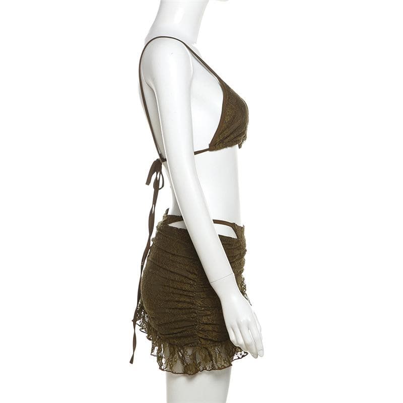 Sultry Chocolate Lace Halter Top & Cutout Mini Skirt Set - Edgy Y2K Party & Halloween Vibe