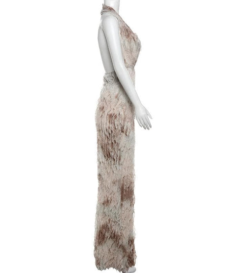 Ethereal Ruffle Halter Plunge Maxi Dress | Backless Resort & Destination Getaway Gown