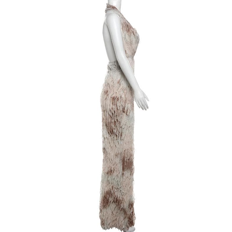 Ethereal Ruffle Halter Plunge Maxi Dress | Backless Resort & Destination Getaway Gown