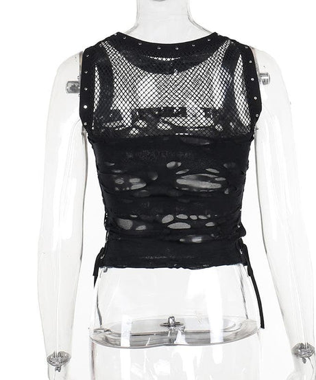 Spiked O-Ring Fishnet Goth Tank Top - Distressed Cut-Out Grunge & Punk Style for Fall & Halloween