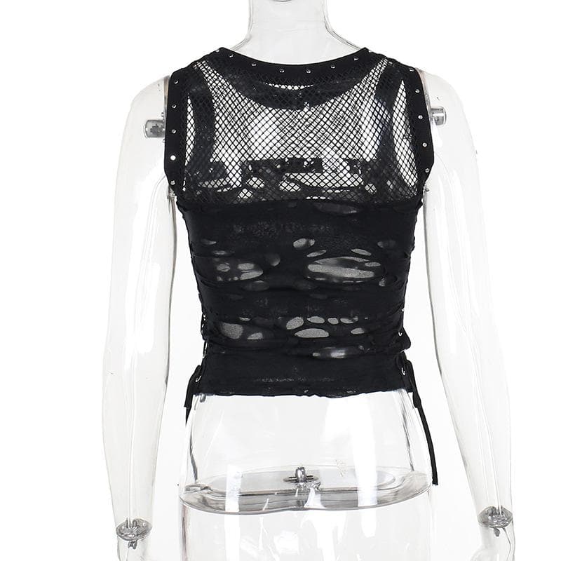 Spiked O-Ring Fishnet Goth Tank Top - Distressed Cut-Out Grunge & Punk Style for Fall & Halloween