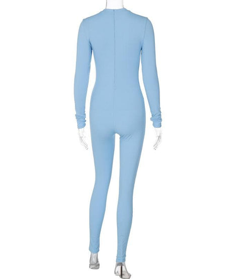 Cozy Chic Ribbed Mock Neck Jumpsuit - Women's Long Sleeve Zip-Up One-Piece for Effortless Fall Style