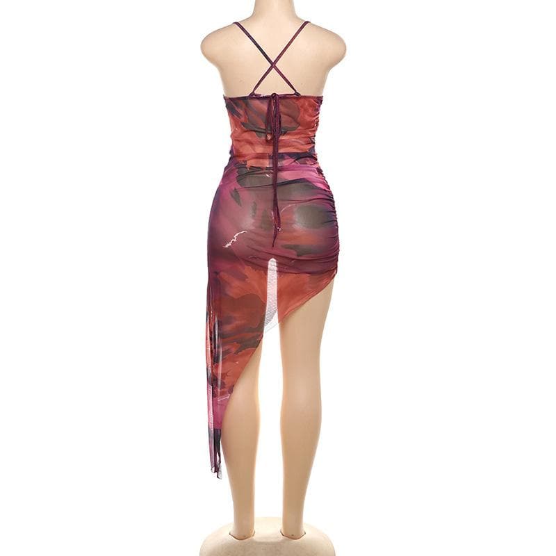 Autumn Glow Ruched Mesh Midi Dress - Asymmetrical Hem & Abstract Fall Print