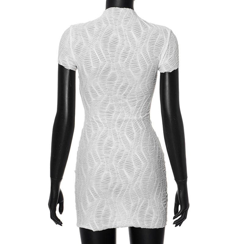 Chic White Textured Mesh Mini Dress - High Neck Self-Tie Bodycon for Fall Parties & Night Out