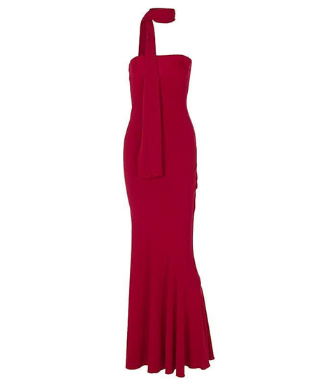 The Holiday Siren: Red Strapless Mermaid Maxi Dress with Elegant Shawl