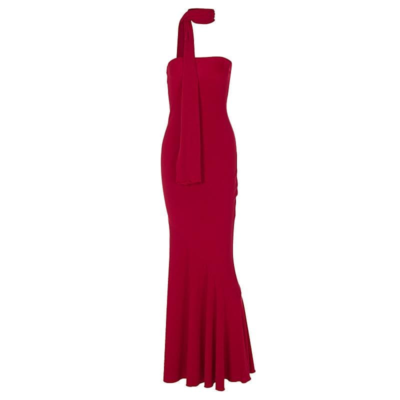 The Holiday Siren: Red Strapless Mermaid Maxi Dress with Elegant Shawl