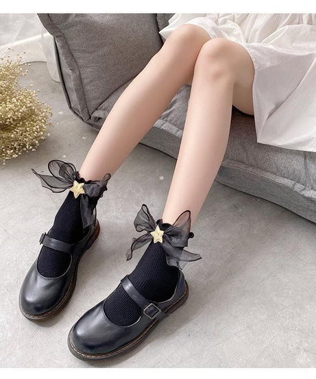 Whimsical Gold Star Ruffle Ankle Socks - Charming Cotton Blend for Fall & Holiday Style