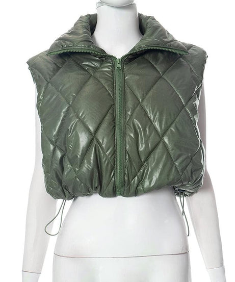 Elevated Olive Green Quilted Puffer Vest – Women's Chic High Collar Fall Layering Essential