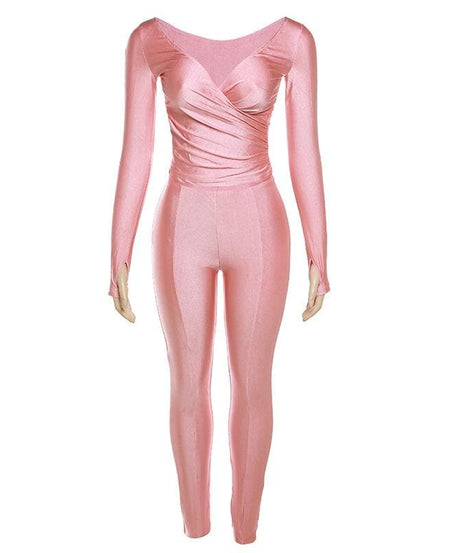 Chic Fall Athleisure: Black Ruched V-Neck Wrap Top & Leggings Set with Thumbholes