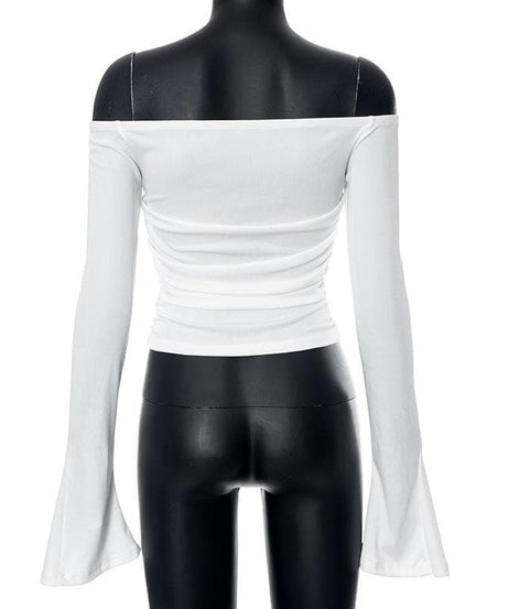 Effortless Fall Chic: Ribbed Off-Shoulder Ruched Top with Bell Sleeves