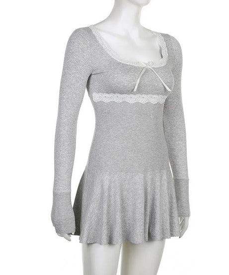 Coquette Core Black Lace Square Neck Long Sleeve Mini Dress | Fall Chic