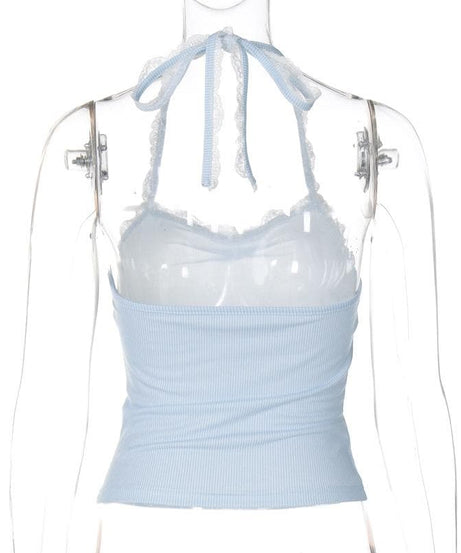 Sky Blue Ribbed Halter Top | Sweet Lace Trim & Adjustable Tie-Neck for Women