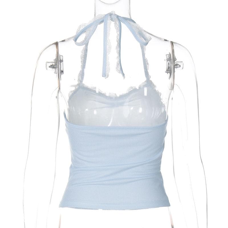 Sky Blue Ribbed Halter Top | Sweet Lace Trim & Adjustable Tie-Neck for Women