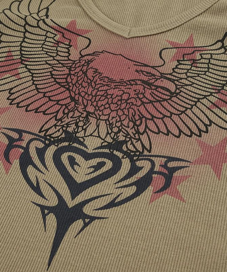 Y2K Grunge Eagle & Tribal Graphic Ribbed V-Neck Long Sleeve Top - Fall Fashion 2025