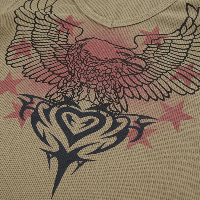Y2K Grunge Eagle & Tribal Graphic Ribbed V-Neck Long Sleeve Top - Fall Fashion 2025