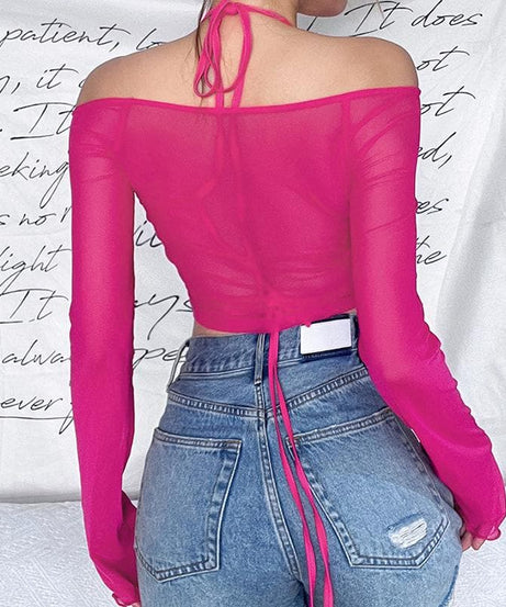 Y2K Glam "Pinkbaby" Rhinestone Mesh Halter Crop Top - Edgy Fall Party & Halloween Essential