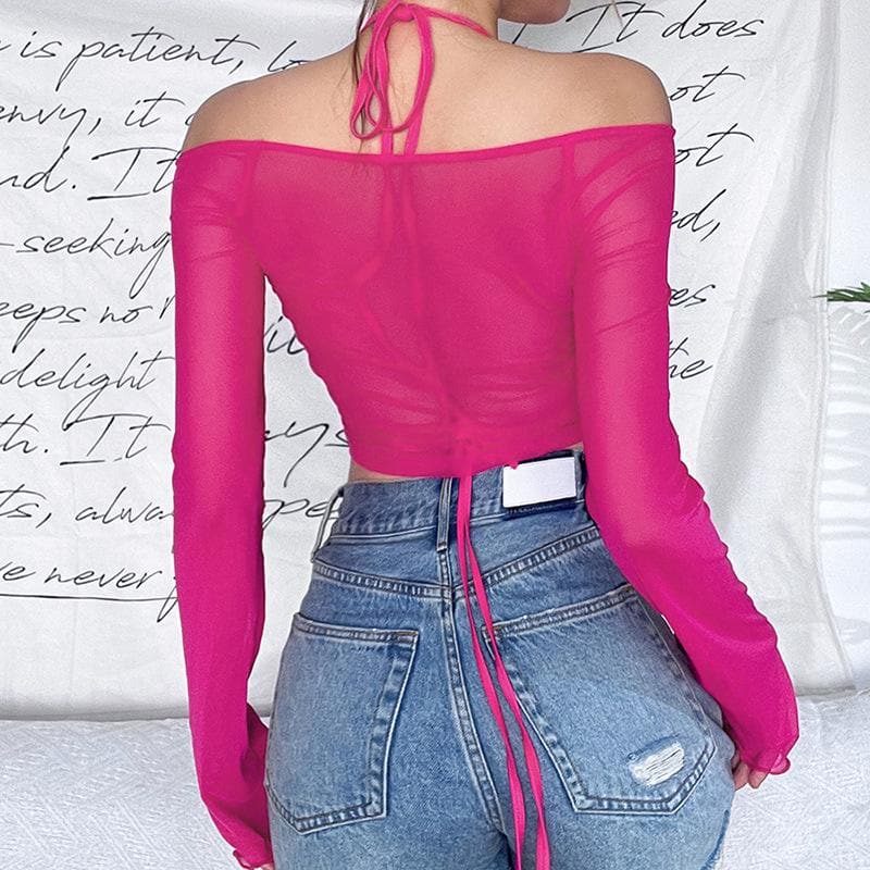 Y2K Glam "Pinkbaby" Rhinestone Mesh Halter Crop Top - Edgy Fall Party & Halloween Essential