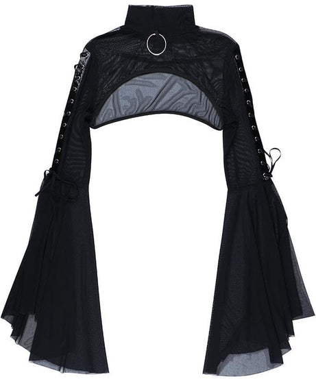 Mesmerizing Black Mesh O-Ring Shrug | Edgy Lace-Up Bell Sleeve Bolero for Fall & Halloween