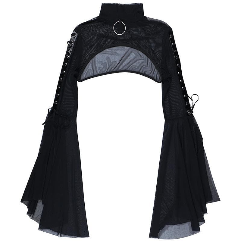 Mesmerizing Black Mesh O-Ring Shrug | Edgy Lace-Up Bell Sleeve Bolero for Fall & Halloween