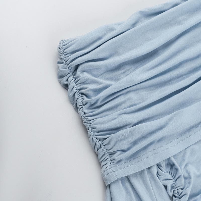 Sky Blue Off-Shoulder Ruched Long Sleeve Top - Asymmetrical Hem for Effortless Fall Style