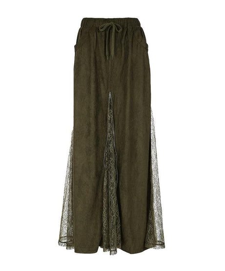 Effortless Fall Boho Chic: Olive Green Drawstring Maxi Skirt with Lace Slit & Pockets