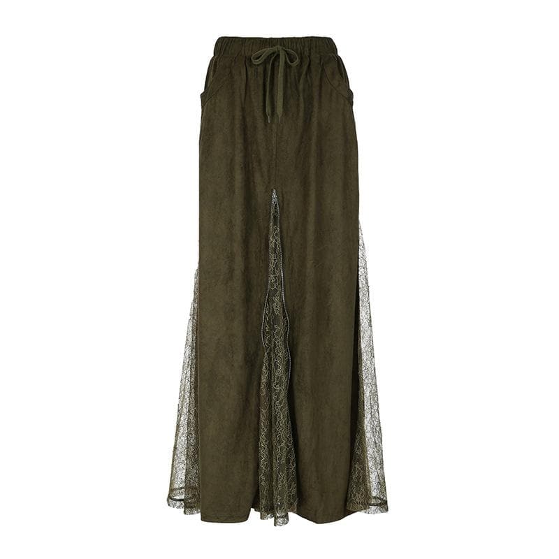 Effortless Fall Boho Chic: Olive Green Drawstring Maxi Skirt with Lace Slit & Pockets