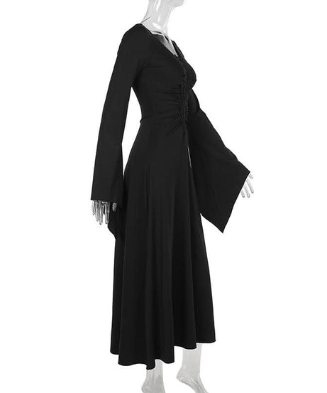 Enchanted Bell Sleeve Black Maxi Dress | Gothic V-Neck Embroidery for Fall & Halloween
