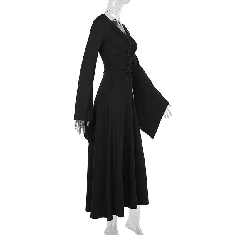 Enchanted Bell Sleeve Black Maxi Dress | Gothic V-Neck Embroidery for Fall & Halloween