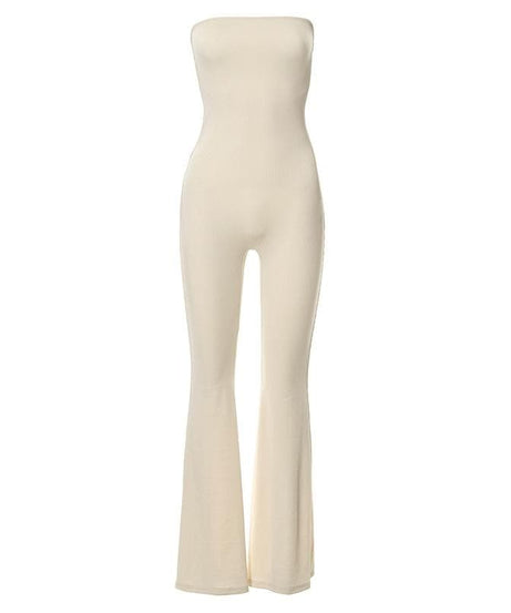 Cozy Chic Strapless Ribbed Knit Bell Bottom Jumpsuit | Effortless Fall Style with Lace-Up Back