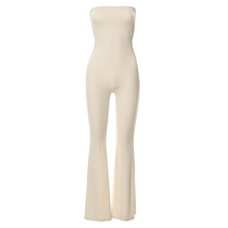 Cozy Chic Strapless Ribbed Knit Bell Bottom Jumpsuit | Effortless Fall Style with Lace-Up Back