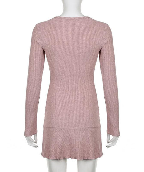 Fall Favorite: Dusty Rose Ribbed Knit Sweetheart Mini Dress | Long Sleeve Bodycon with Flirty Ruffle Hem
