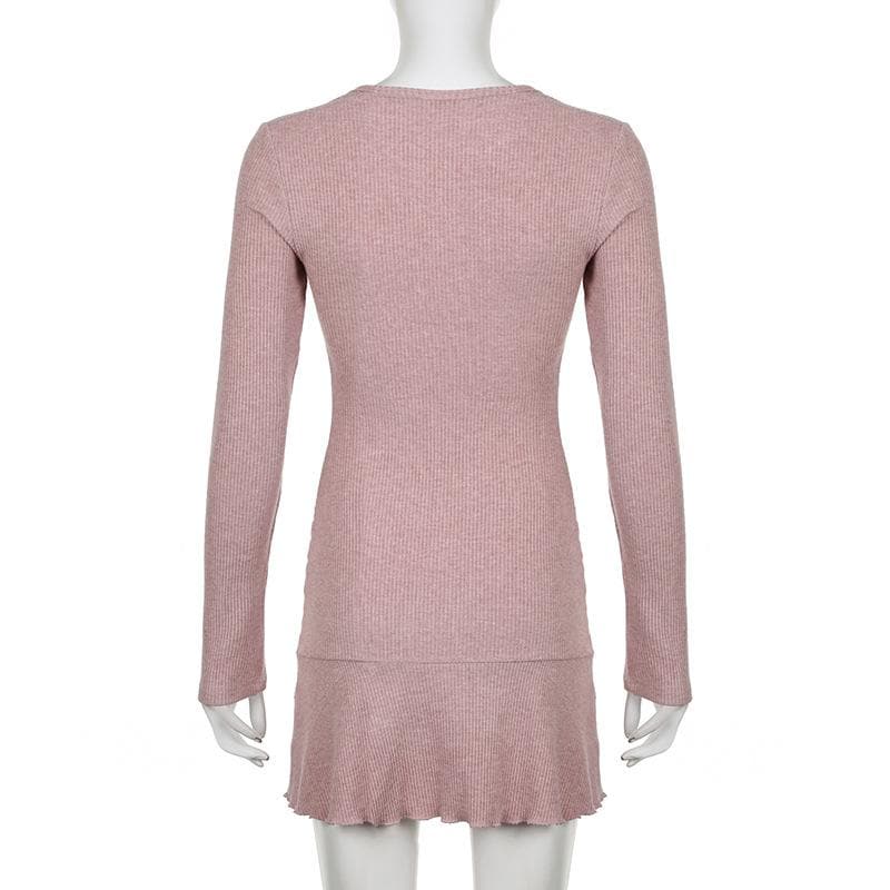 Fall Favorite: Dusty Rose Ribbed Knit Sweetheart Mini Dress | Long Sleeve Bodycon with Flirty Ruffle Hem