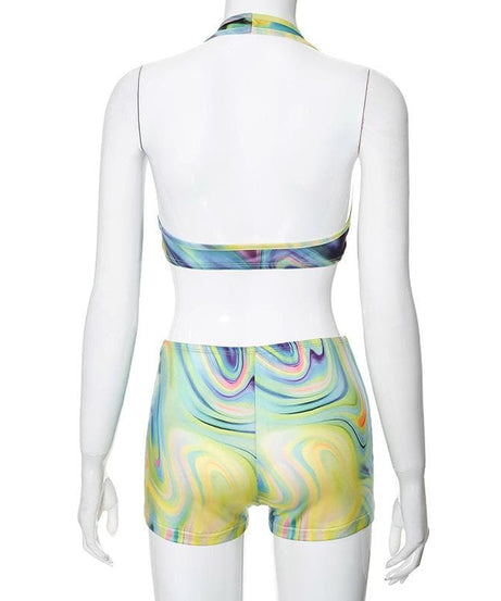 Vibrant Swirl Halter Crop Top & Shorts Set | Trendy Fall Athleisure for Women
