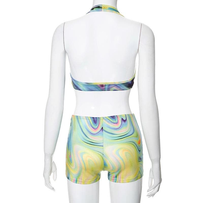 Vibrant Swirl Halter Crop Top & Shorts Set | Trendy Fall Athleisure for Women