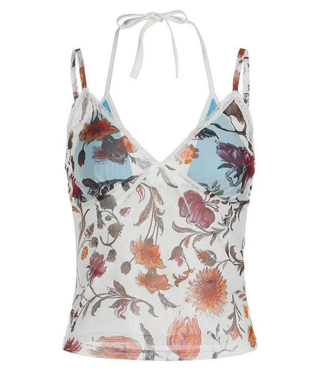 Y2K Romantic Floral Mesh Halter Top with Lace Trim - Autumn Bloom Sheer Cami