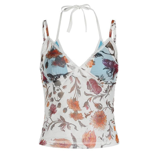 Y2K Romantic Floral Mesh Halter Top with Lace Trim - Autumn Bloom Sheer Cami