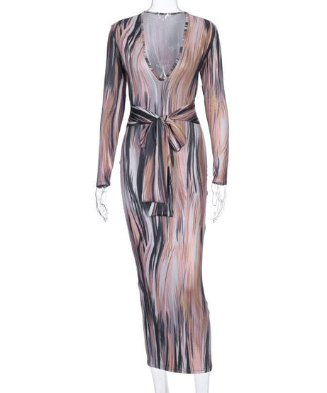 Chic Fall Abstract Print Maxi Dress | Deep V-Neck, Tie-Waist & Long Sleeve