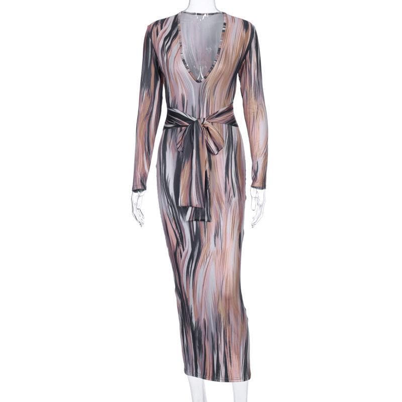 Chic Fall Abstract Print Maxi Dress | Deep V-Neck, Tie-Waist & Long Sleeve