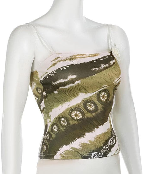 Autumn Meadow Chic: Olive Green Abstract Print Cami with Dainty Rose Appliqué