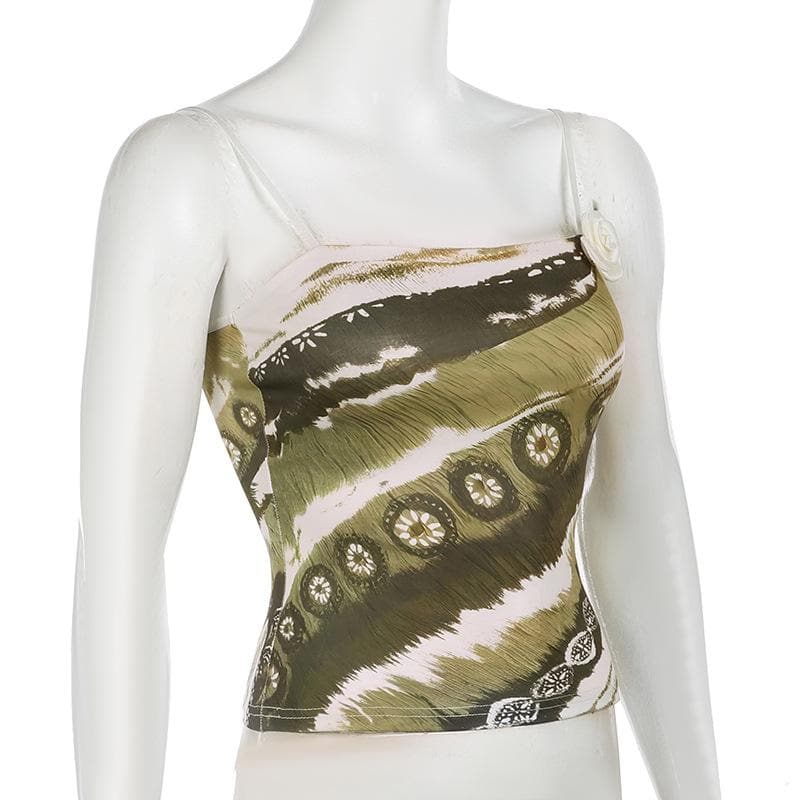 Autumn Meadow Chic: Olive Green Abstract Print Cami with Dainty Rose Appliqué