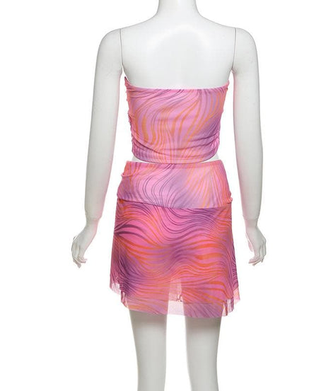 Y2K Pink Swirl Mesh Two-Piece Set: Strapless Crop Top & Asymmetric Mini Skirt - Perfect for Fall Getaways & Parties